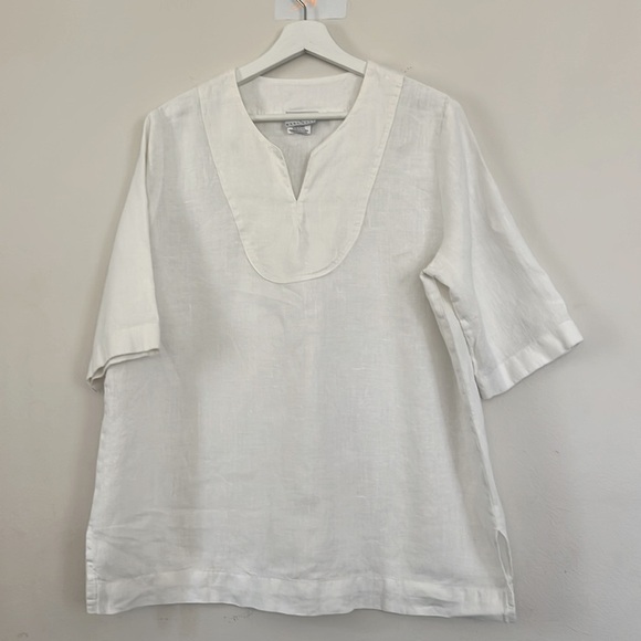 Hot Cotton White V-Neck Blouse Relaxed Fit linen - Picture 1 of 8